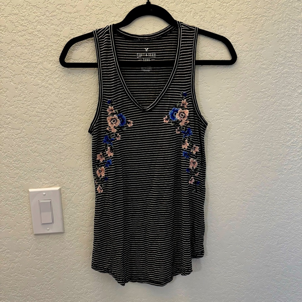 American Eagle Soft and Sexy Embroidered Floral Striped Tank Top